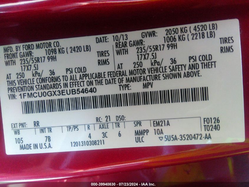 2014 Ford Escape Se VIN: 1FMCU0GX3EUB54640 Lot: 39940830