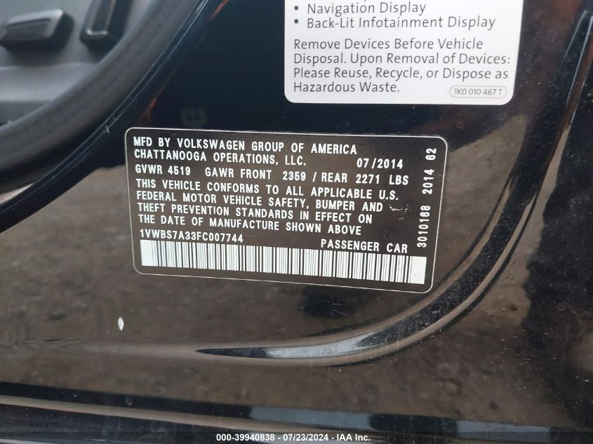 2015 Volkswagen Passat 1.8T Se VIN: 1VWBS7A33FC007744 Lot: 39940838