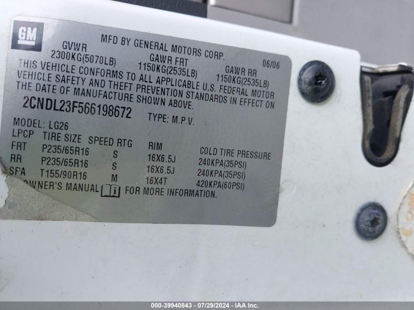 2006 Chevrolet Equinox Ls VIN: 2CNDL23F566198672 Lot: 39940843