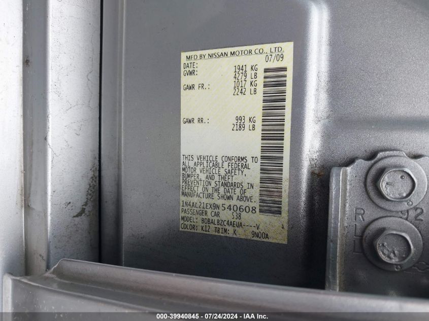 2009 Nissan Altima 2.5 S VIN: 1N4AL21EX9N540608 Lot: 39940845