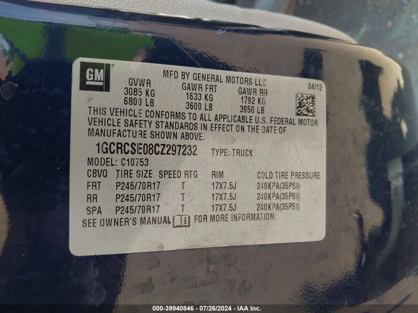 2012 Chevrolet Silverado 1500 Lt VIN: 1GCRCSE08CZ297232 Lot: 39940846