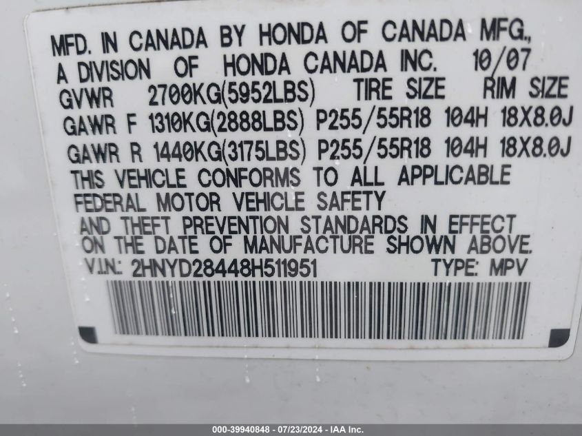 2008 Acura Mdx Technology Package VIN: 2HNYD28448H511951 Lot: 39940848