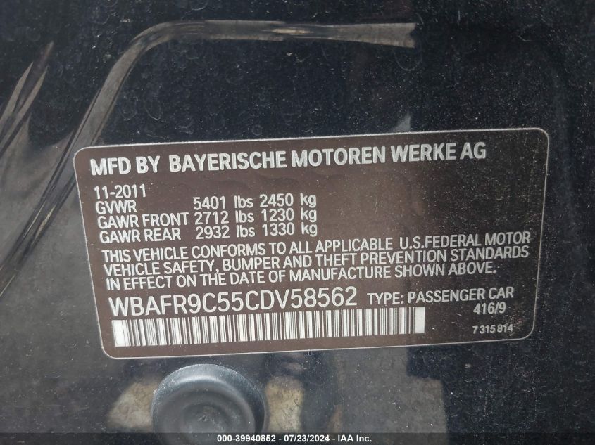 2012 BMW 550I VIN: WBAFR9C55CDV58562 Lot: 39940852