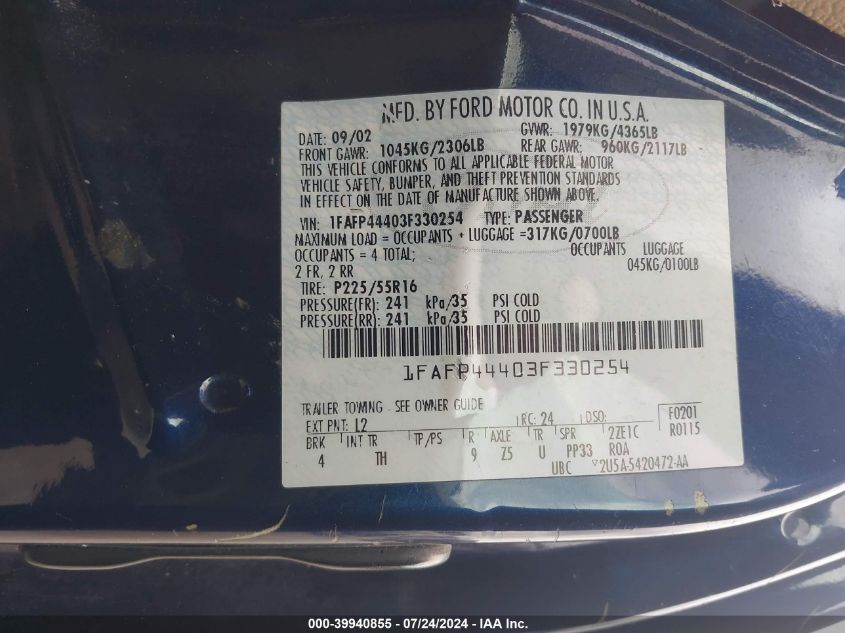 2003 Ford Mustang VIN: 1FAFP44403F330254 Lot: 39940855