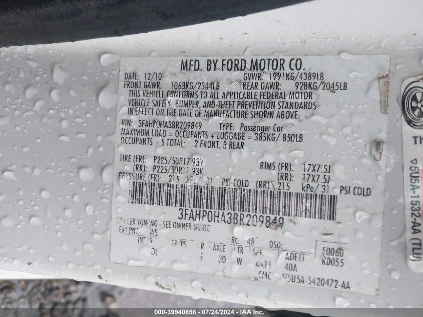 2011 Ford Fusion Se VIN: 3FAHP0HA3BR209849 Lot: 39940858