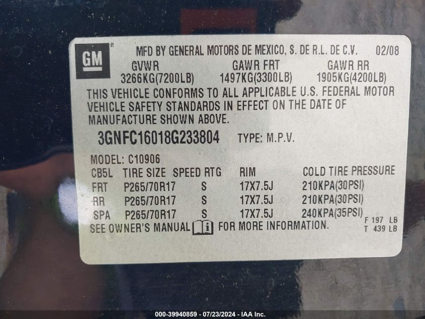 2008 Chevrolet Suburban 1500 Lt VIN: 3GNFC16018G233804 Lot: 39940859
