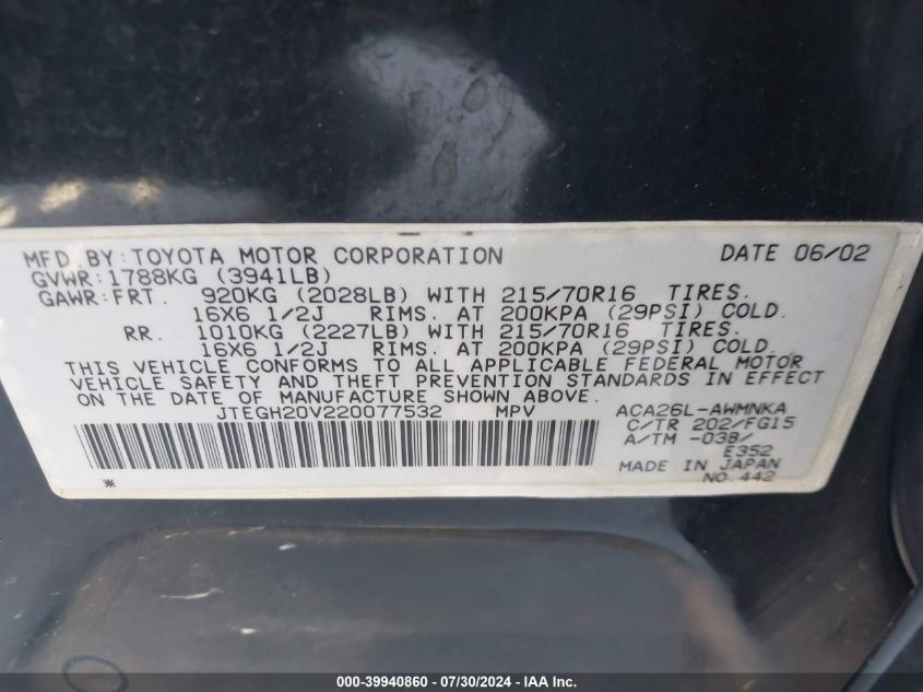 2002 Toyota Rav4 VIN: JTEGH20V220077532 Lot: 39940860
