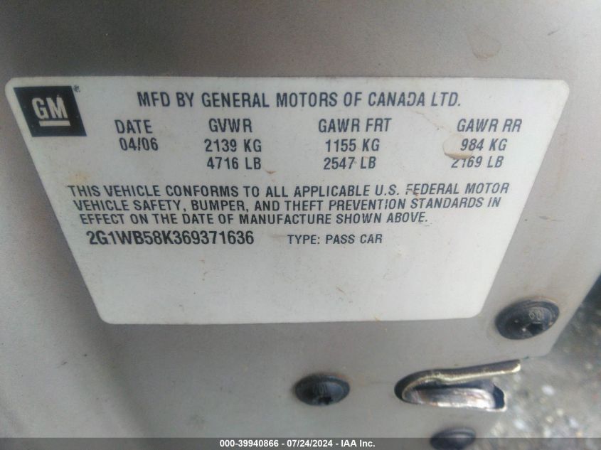 2006 Chevrolet Impala Ls VIN: 2G1WB58K369371636 Lot: 39940866