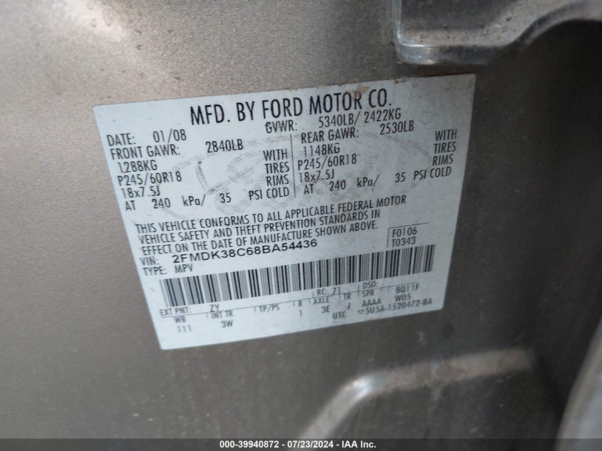 2008 Ford Edge Sel VIN: 2FMDK38C68BA54436 Lot: 39940872