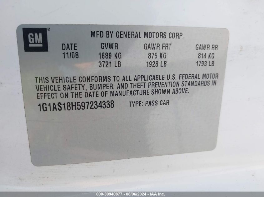 2009 Chevrolet Cobalt Ls VIN: 1G1AS18H597234338 Lot: 39940877