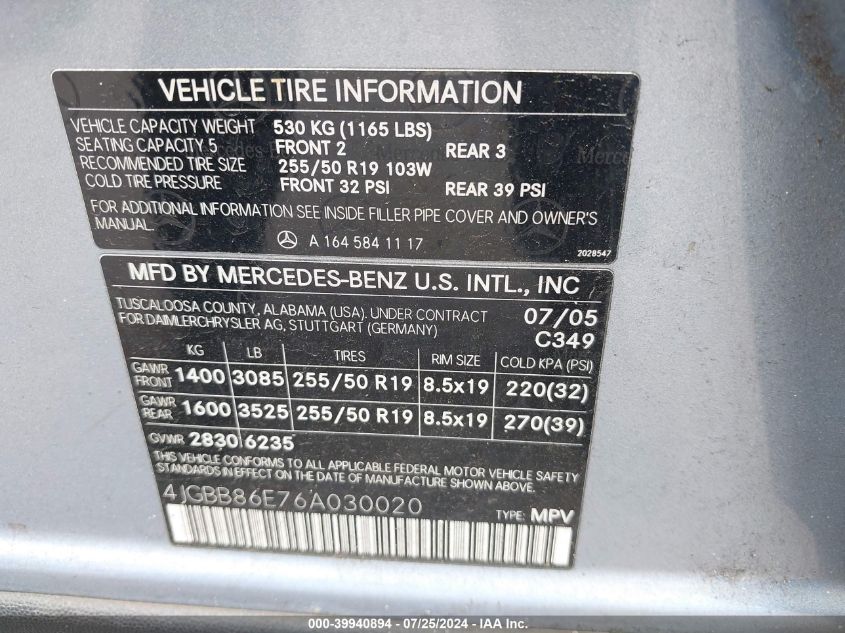2006 Mercedes-Benz Ml 350 4Matic VIN: 4JGBB86E76A030020 Lot: 39940894