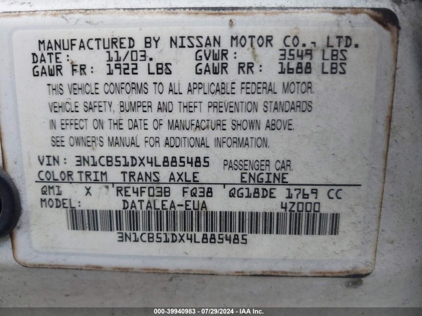 2004 Nissan Sentra 1.8S VIN: 3N1CB51DX4L885485 Lot: 39940983