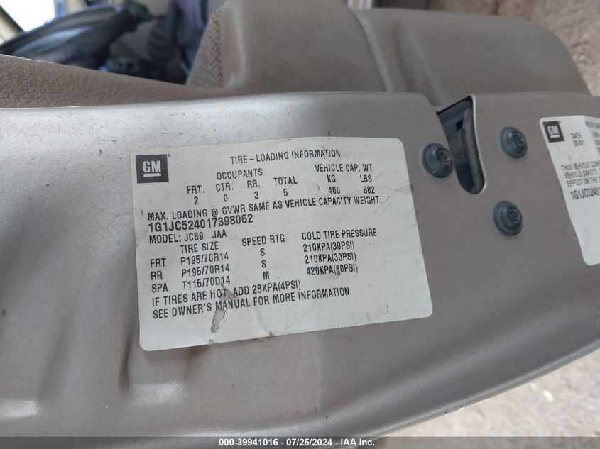 2001 Chevrolet Cavalier VIN: 1G1JC524017398062 Lot: 39941016