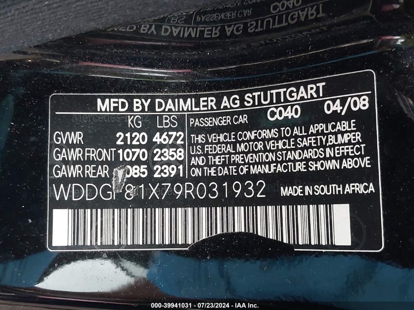 2009 Mercedes-Benz C 300 Luxury 4Matic/Sport 4Matic VIN: WDDGF81X79R031932 Lot: 39941031