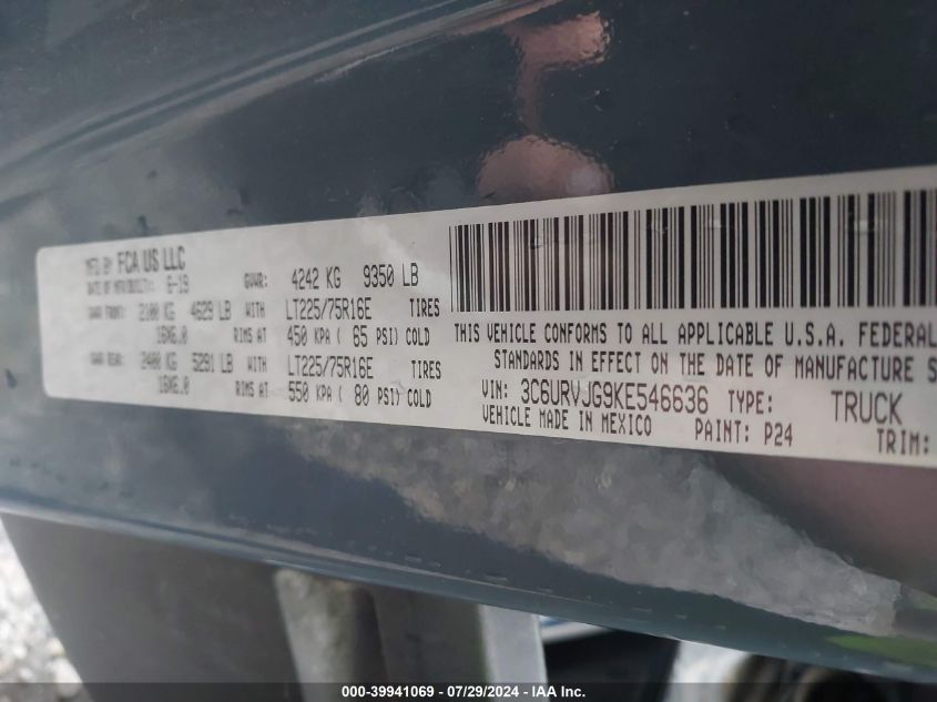 2019 Ram Promaster 3500 Cargo Van High Roof 159 Wb Ext VIN: 3C6URVJG9KE546636 Lot: 39941069