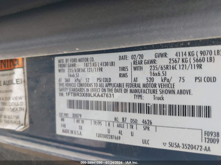 2020 Ford Transit-250 Cargo Van VIN: 1FTBR3X89LKA47631 Lot: 39941080