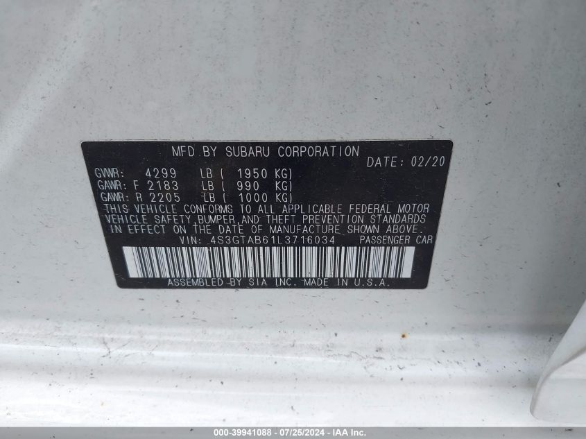 2020 Subaru Impreza 5-Door VIN: 4S3GTAB61L3716034 Lot: 39941088