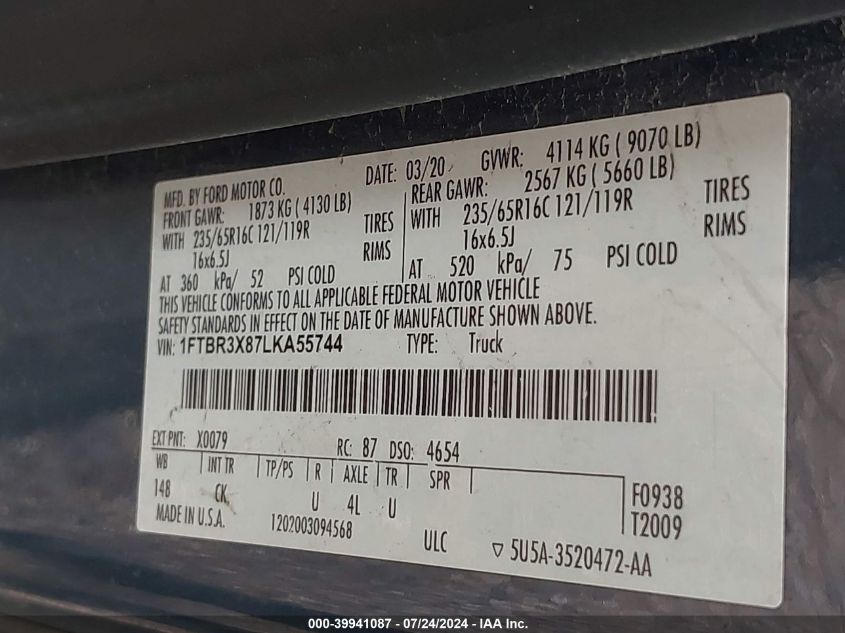 2020 Ford Transit-250 Cargo Van VIN: 1FTBR3X87LKA55744 Lot: 39941087