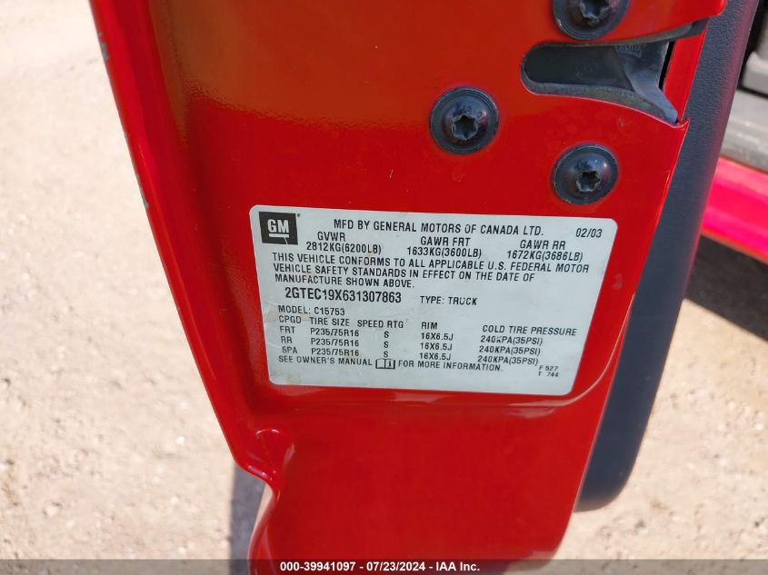 2003 GMC Sierra 1500 Work Truck VIN: 2GTEC19X631307863 Lot: 39941097