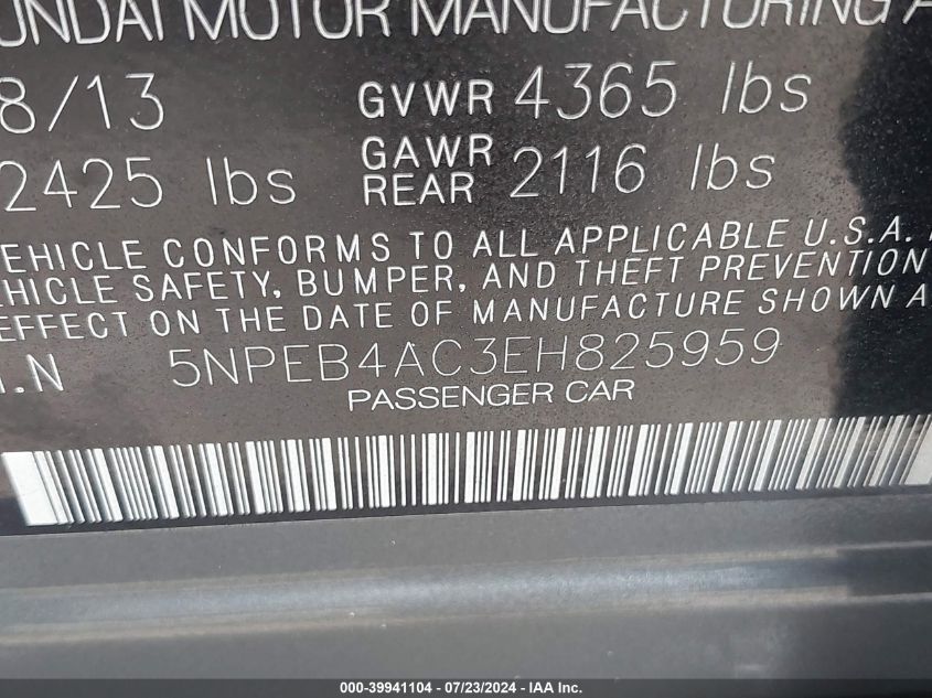 2014 Hyundai Sonata Gls VIN: 5NPEB4AC3EH825959 Lot: 39941104