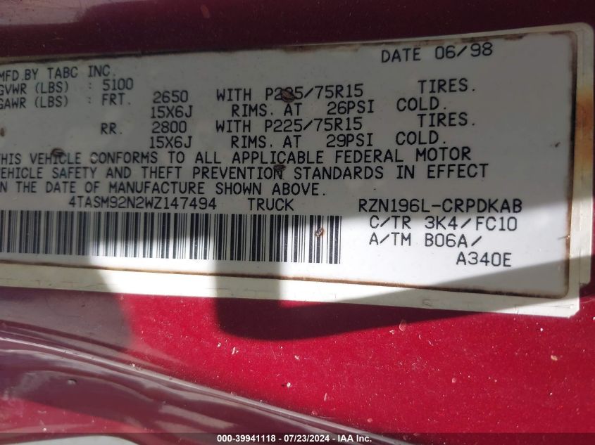 1998 Toyota Tacoma Prerunner VIN: 4TASM92N2WZ147494 Lot: 39941118