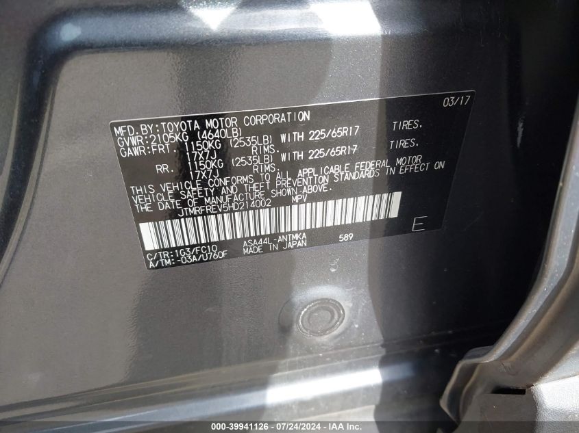 2017 Toyota Rav4 Xle VIN: JTMRFREV5HD214002 Lot: 39941126