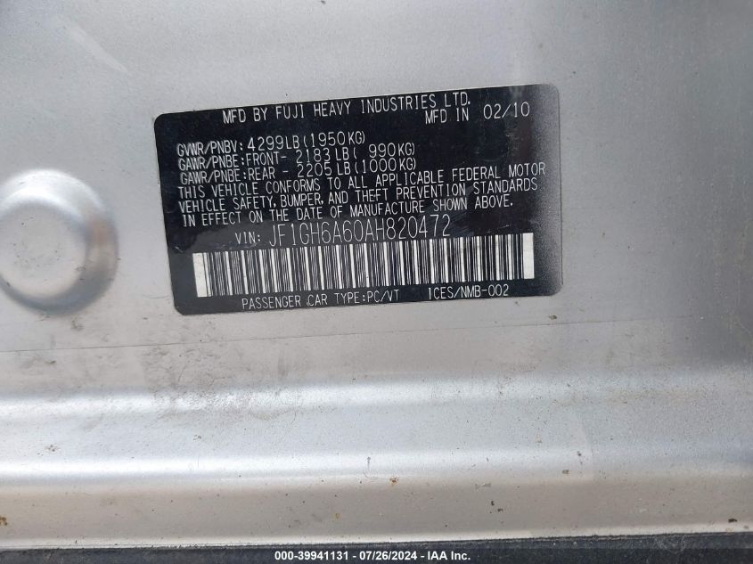 2010 Subaru Impreza 2.5I VIN: JF1GH6A60AH820472 Lot: 39941131