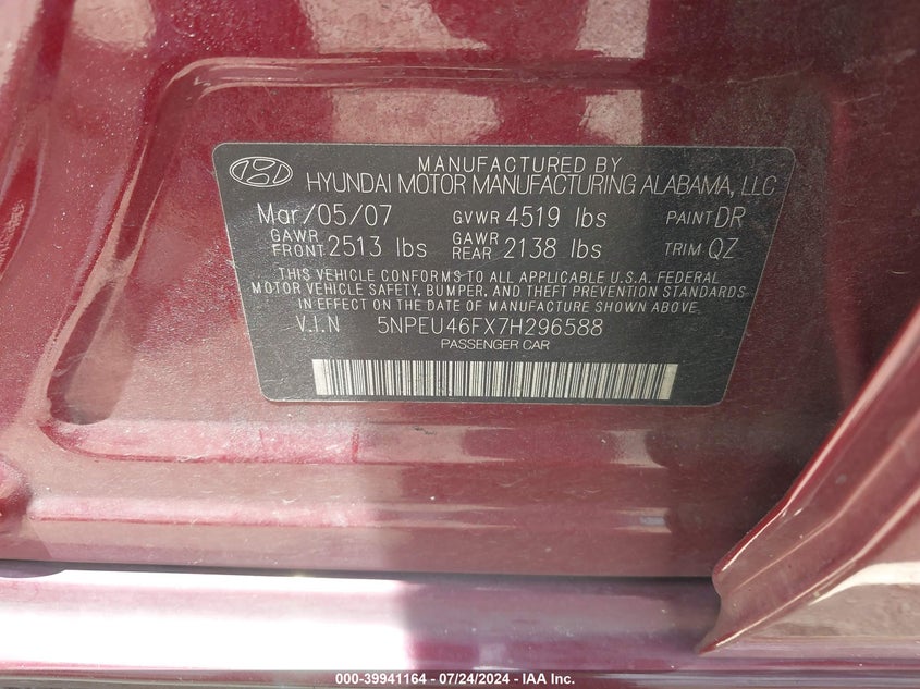 2007 Hyundai Sonata Limited/Se V6 VIN: 5NPEU46FX7H296588 Lot: 39941164