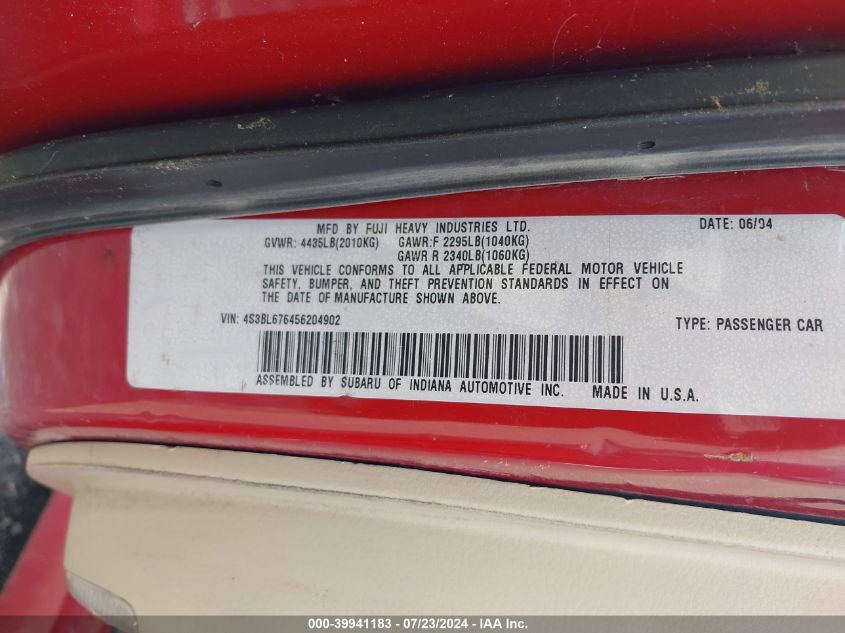 2005 Subaru Legacy 2.5Gt Limited VIN: 4S3BL676456204902 Lot: 39941183