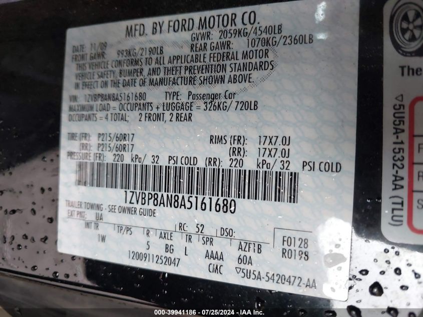 2010 Ford Mustang VIN: 1ZVBP8AN8A5161680 Lot: 39941186