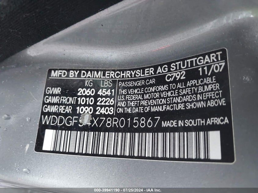 2008 Mercedes-Benz C 300 VIN: WDDGF54X78R015867 Lot: 39941190