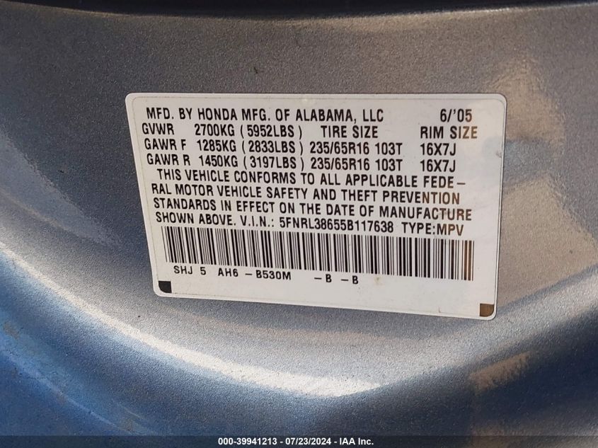 2005 Honda Odyssey Ex-L VIN: 5FNRL38655B117638 Lot: 39941213