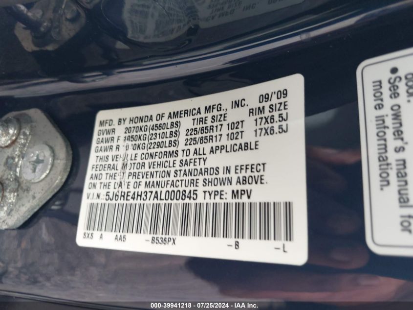 2010 Honda Cr-V Lx VIN: 5J6RE4H37AL000845 Lot: 39941218