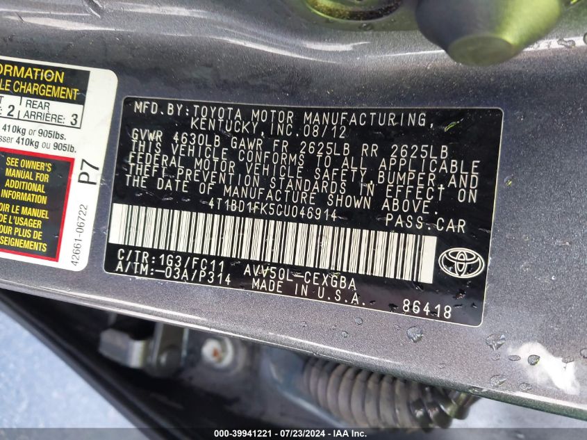 2012 Toyota Camry Hybrid Xle VIN: 4T1BD1FK5CU046914 Lot: 39941221