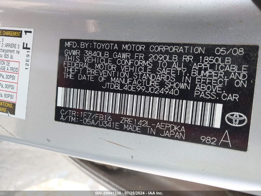 2009 Toyota Corolla Le VIN: JTDBL40E99J024940 Lot: 39941238