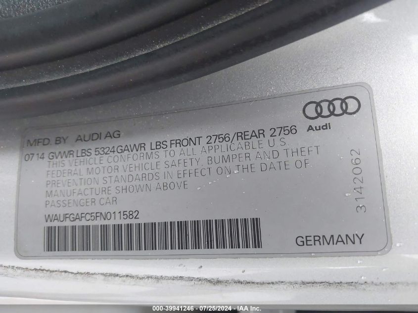 2015 Audi A6 Premium Plus VIN: WAUFGAFC5FN011582 Lot: 39941246