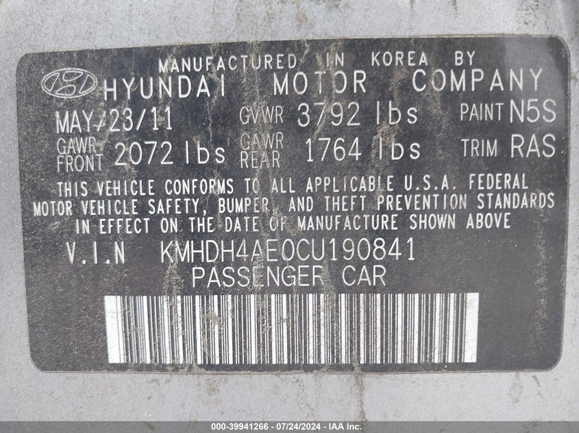 2012 Hyundai Elantra Gls (Ulsan Plant) VIN: KMHDH4AE0CU190841 Lot: 39941266