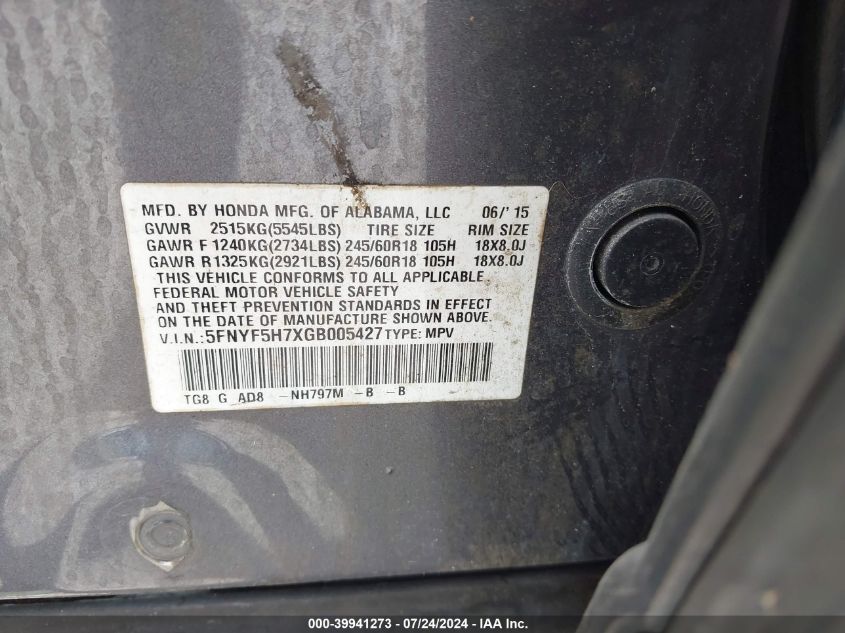 2016 Honda Pilot Exln VIN: 5FNYF5H7XGB005427 Lot: 39941273