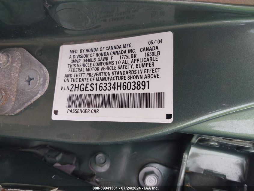 2004 Honda Civic Dx Vp VIN: 2HGES16334H603891 Lot: 39941301