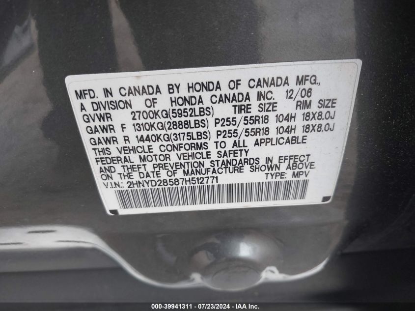 2007 Acura Mdx Sport Package VIN: 2HNYD28587H512771 Lot: 39941311