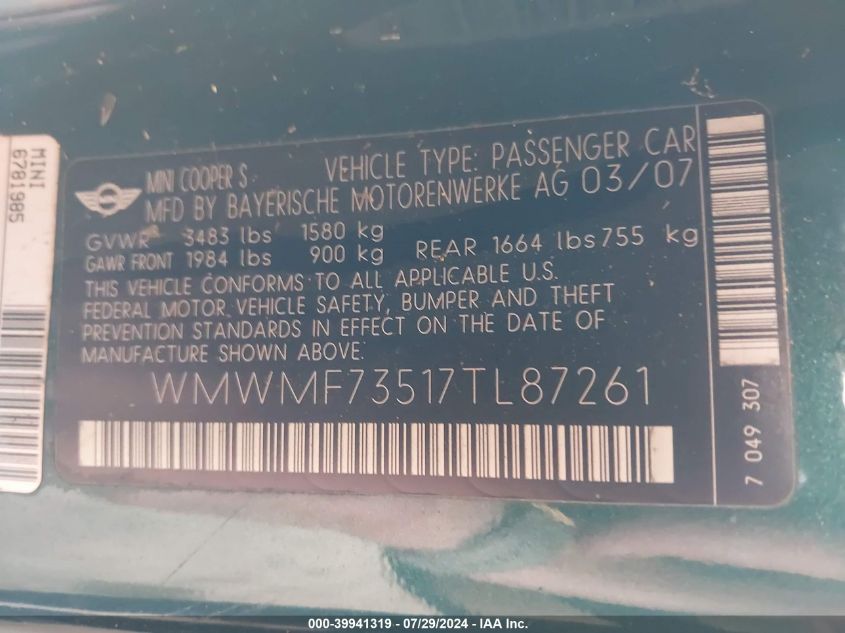 2007 Mini Cooper S S VIN: WMWMF73517TL87261 Lot: 39941319
