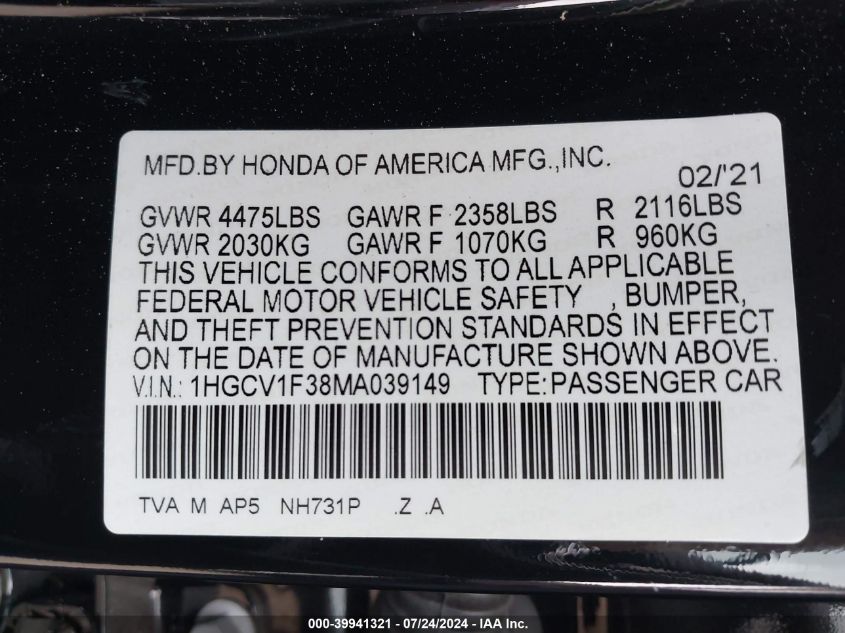 1HGCV1F38MA039149 2021 Honda Accord Sport