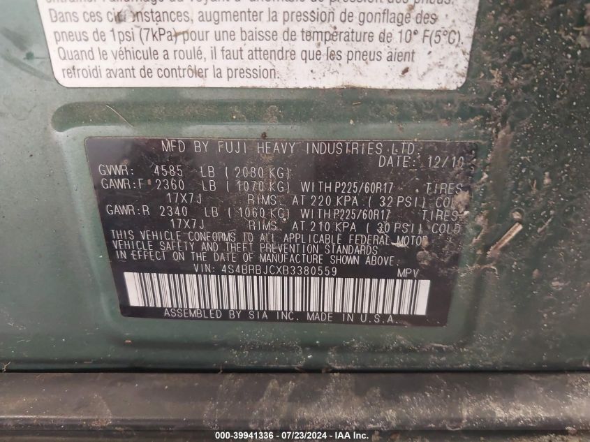 2011 Subaru Outback 2.5I Limited VIN: 4S4BRBJCXB3380559 Lot: 39941336