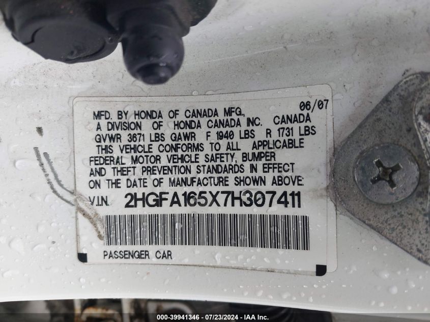 2007 Honda Civic Lx VIN: 2HGFA165X7H307411 Lot: 39941346