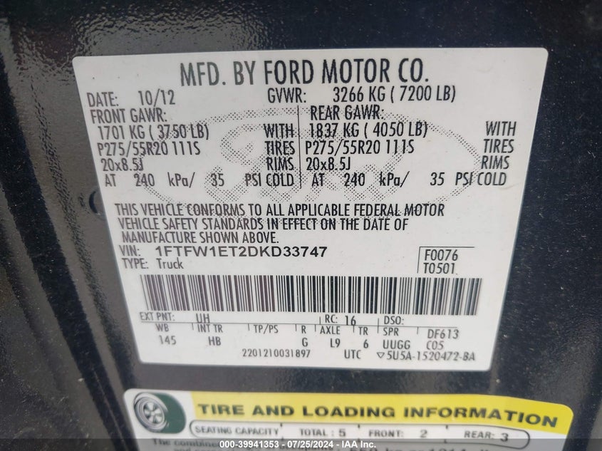 2013 Ford F-150 Lariat VIN: 1FTFW1ET2DKD33747 Lot: 39941353