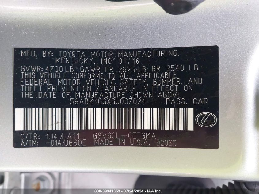 2016 Lexus Es 350 VIN: 58ABK1GGXGU007024 Lot: 39941359