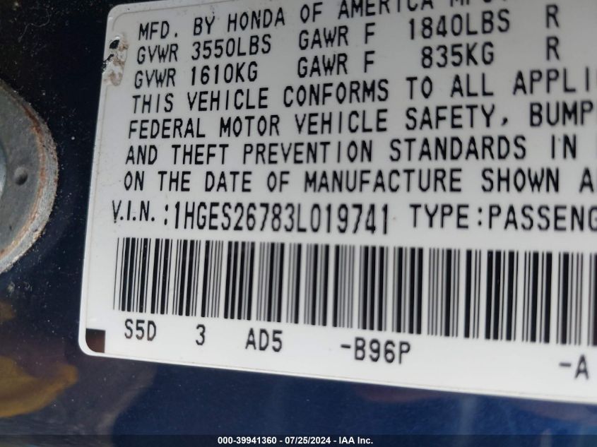 2003 Honda Civic Ex VIN: 1HGES26783L01974 Lot: 39941360