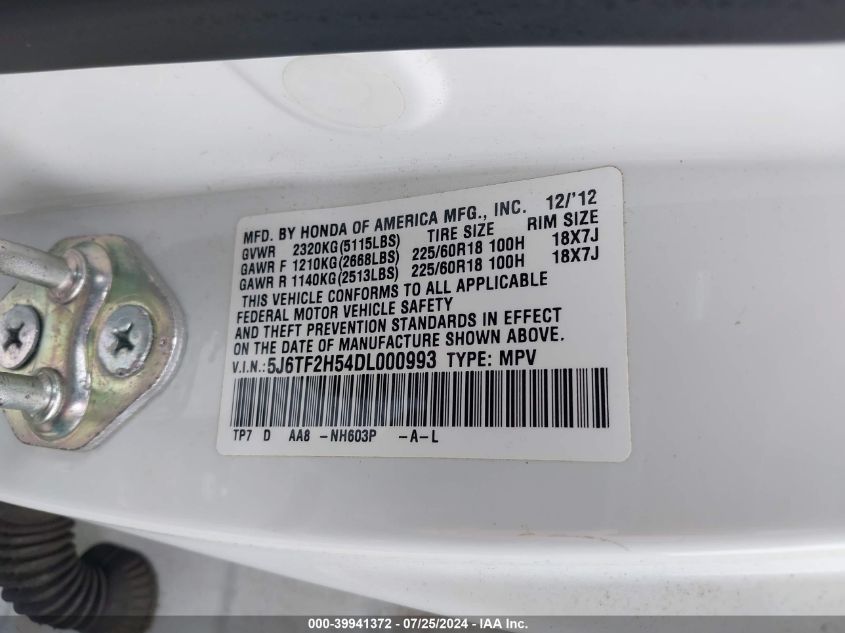 2013 Honda Crosstour Exl VIN: 5J6TF2H54DL000993 Lot: 39941372