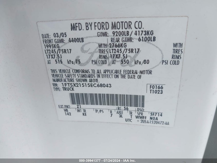 2005 Ford F-250 Lariat/Xl/Xlt VIN: 1FTSX21515EC68043 Lot: 39941377