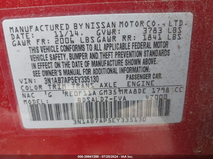 2014 Nissan Sentra Sv VIN: 3N1AB7AP5EY335130 Lot: 39941398